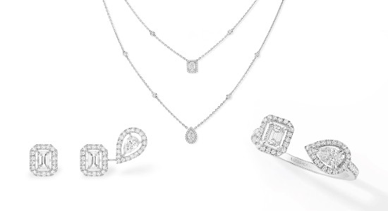 A pair of diamond earrings, a necklace and toi et moi diamond ring from Messika, available at Kirk Jewelers.