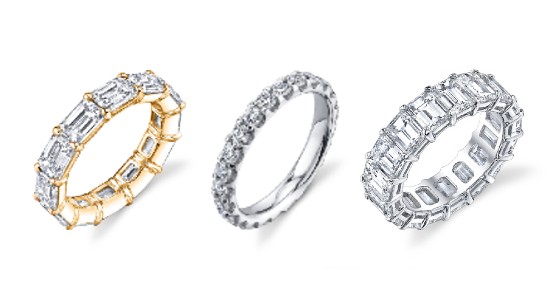 Three Kirk Bridal eternity wedding bands featuring diamonds, available at Kirk Jewelers.