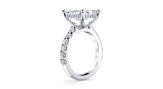 a white gold engagement ring from a profile view, with a hidden halo