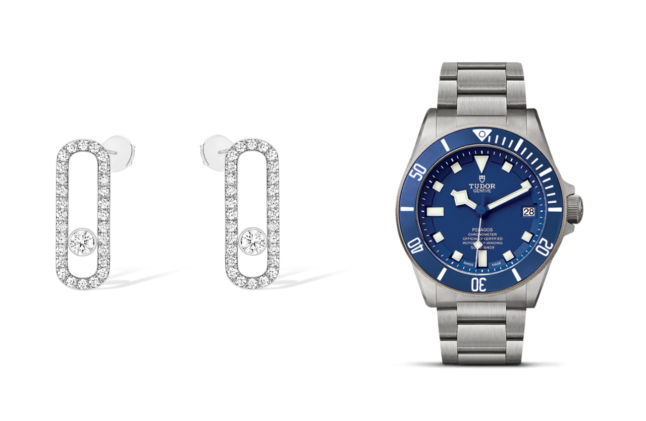 A pair of Messika diamond earrings and a Tudor Pelagos watch, available at Kirk Jewelers.