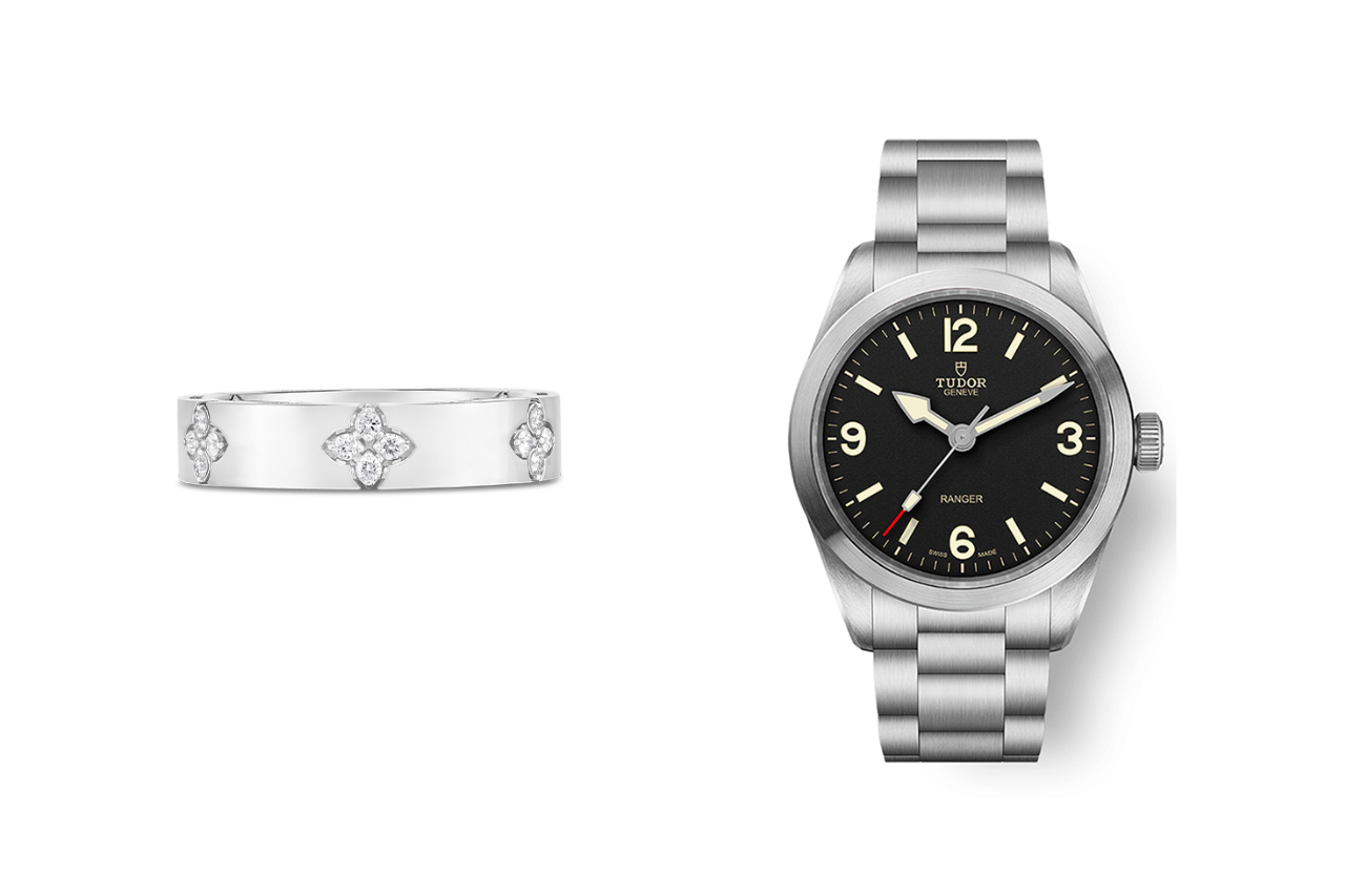 A white gold Roberto Coin ring and a Tudor Ranger watch, available at Kirk Jewelers.