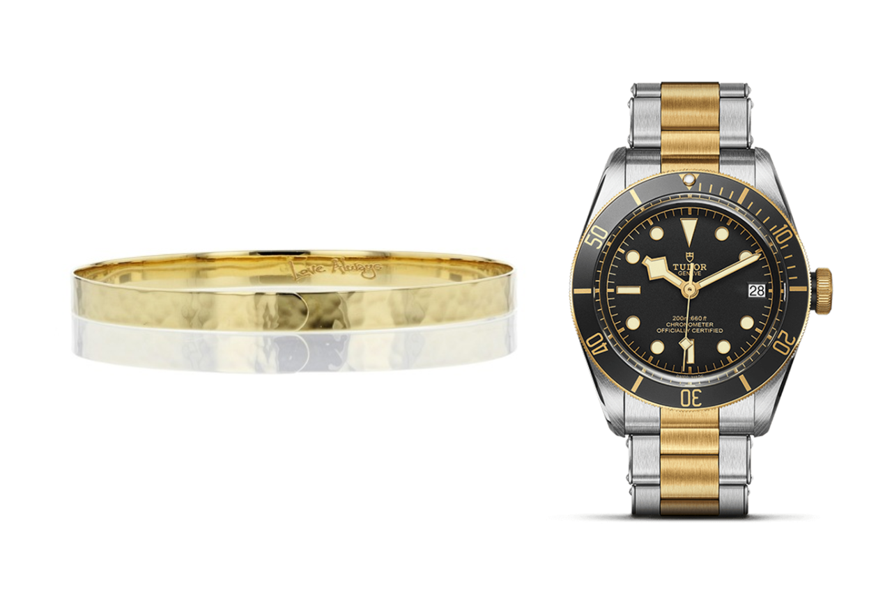 A hammered gold Phillips house bracelet and a Tudor Black Bay watch, available at Kirk Jewelers.