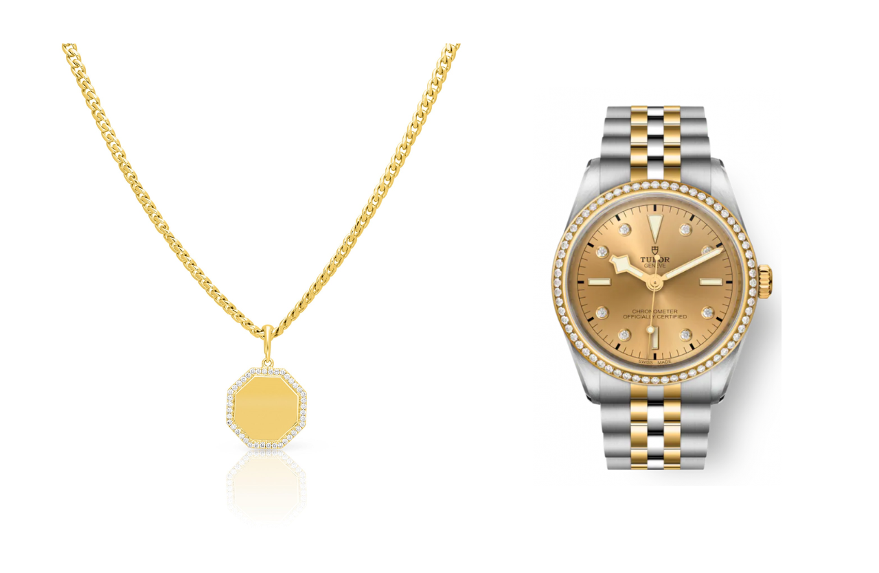 An Anne Sisteron octagon pendant necklace and a Tudor Black Bay watch, available at Kirk Jewelers.