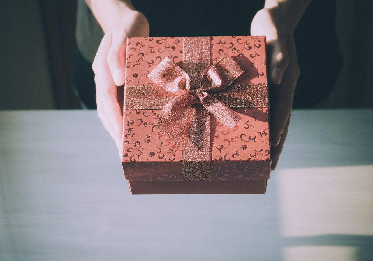 A person’s hands holding an elegant gift box wrapped in a bow, presenting the gift to an out-of-view loved one.