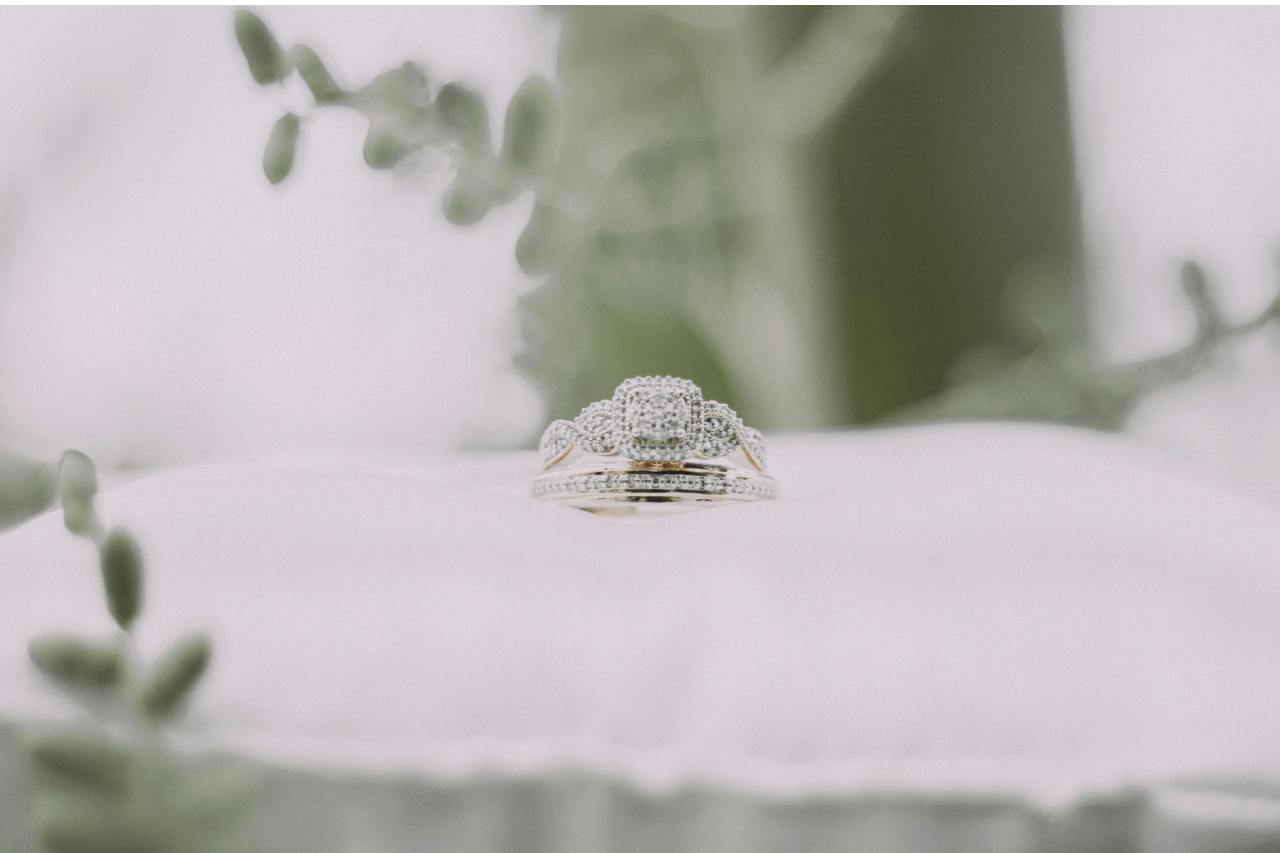 A platinum wedding band with a platinum engagement ring.